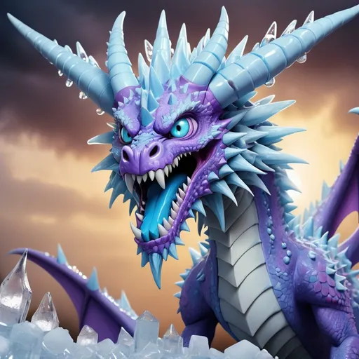 Prompt: Bubblehorn Dragon with icy blue and icy violet scales covered in ice horns and many many spikes and big eeriie blue eyes in Creepypasta style, best quality, masterpiece, flying in a hurricane