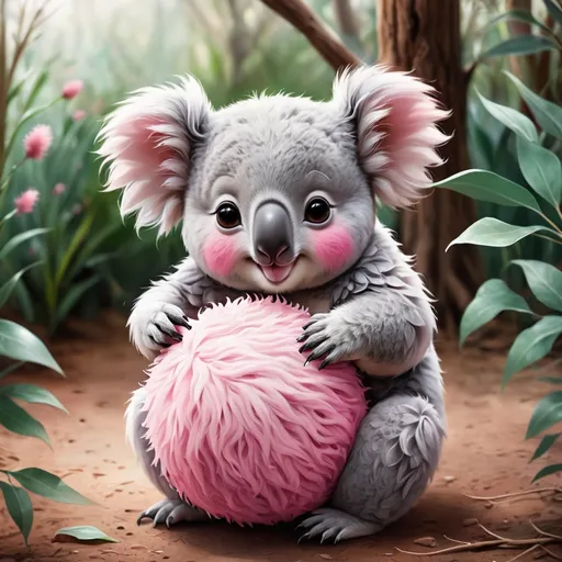 Prompt: Fluffy cute ball of a koala all super fluff gray and pink and adorable, background outback
