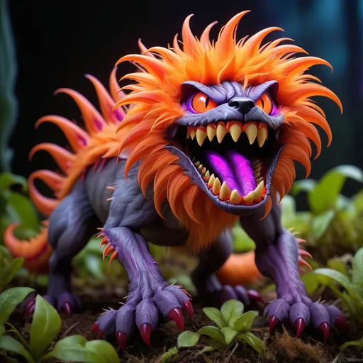 Prompt: Bright Fenrir Venus Flytrap covered in glowing orange fluffy and fur with vivid purple claws and red glowing eyes massive jaws with razor sharp fangs, best quality, masterpiece