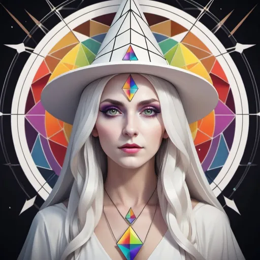 Prompt: White Rainbow Witch Pyrethra in geometric art style