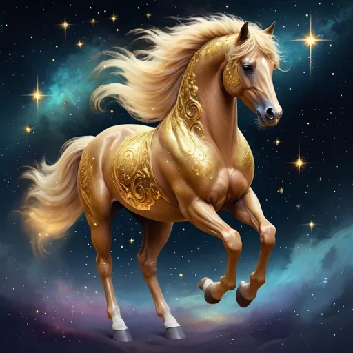 Prompt: Zodiac Horse with shimmering gold fur that sparkle with glimmering stars racing among nebulas and dodging super novas, in furry art style
