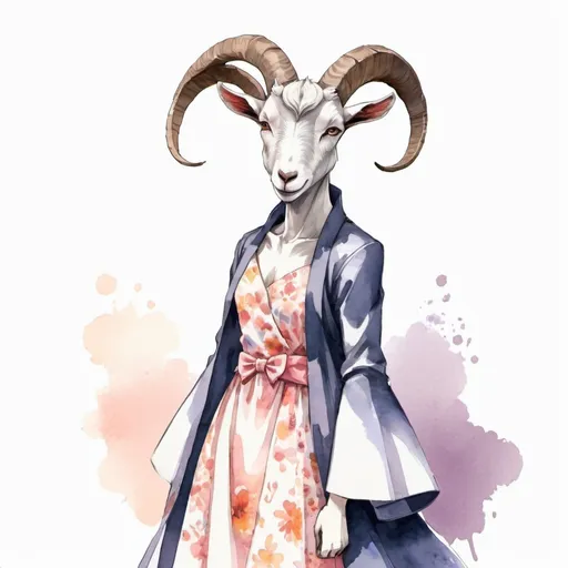 Prompt: Goat-Person in a stylish dress, in watercolor anime art style

