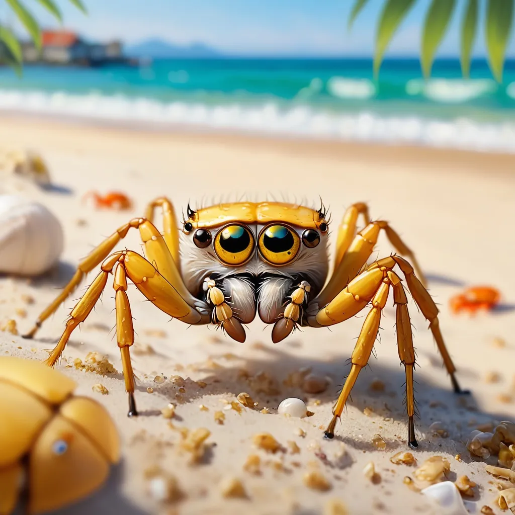 Prompt: Jumping Spider in shades of yellow with crab pinsirs and stalk eyes, background beach, masterpiece, best quality