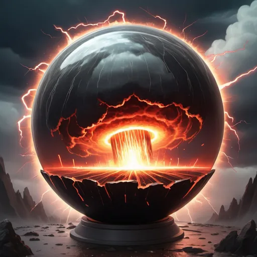 Prompt: A round orb with magnets self-destructing in a thunderstorm of a eruption, in card art style
