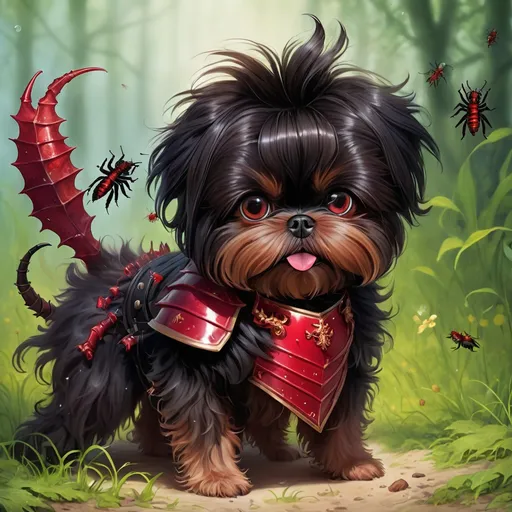 Prompt: Affenpinscher with dark brown shaggy fur and covered in crimson insect-like armor with a brown scorpion tale and floating pincers, nightmarish