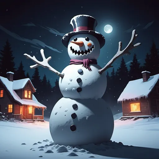 Prompt: Snowman come alive!, in nightmare fuel art style, background snowy night