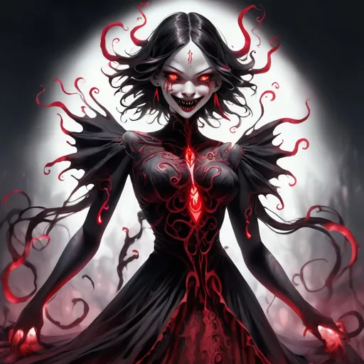 Prompt: A ebony monster with red glowing markings and tendrils in a Aline dress which is flowy from shoulders forming a a the dress is jet black and covered in  crimson eyes and white fangs