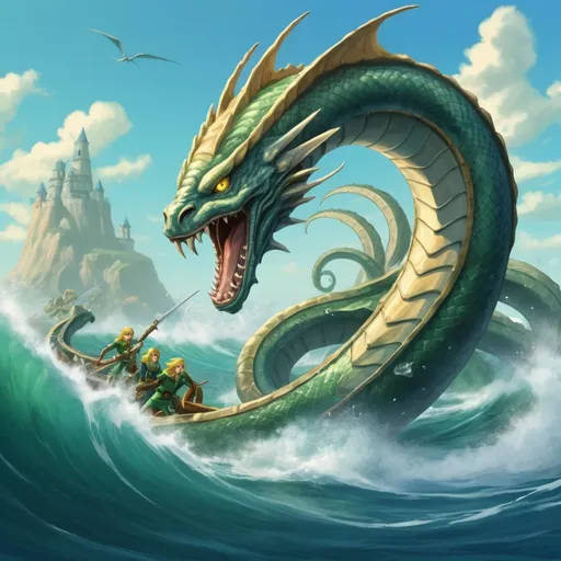 Prompt: Sea Elf invasion force! The sea elf's can control sea serpents, in zelda art style
