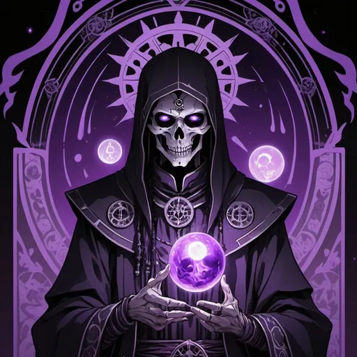 Prompt: tarot card Anime illustration, Ancient Deathpriest with black black-purple glowing-purple palette