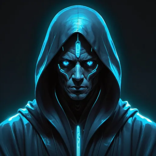 Prompt: Wraith in blue-gray robes and hood and eerie glowing eyes in futuristic neon art style
