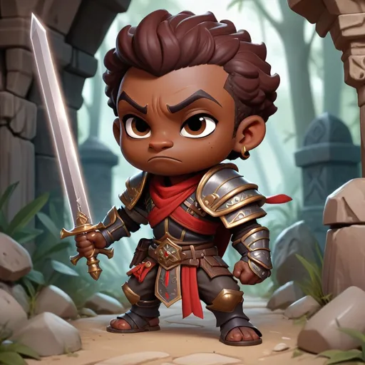 Prompt: Abnab is a male redguard swordsman with dark skin who plunders tombs for enchantments and treasures, in chibi art style