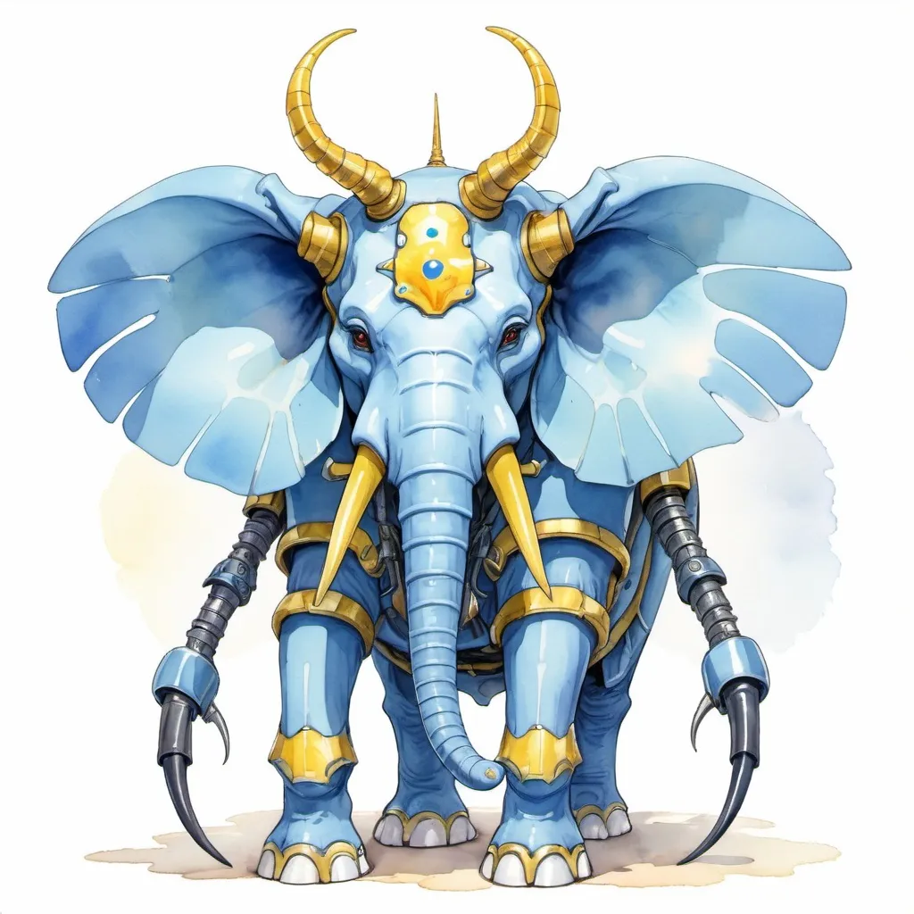 Prompt: light-blue Elephant covered in blue mecha armor with a long yellow stag-beetle-like horn with light blue round tips and yellow tusks, in watercolor anime art style