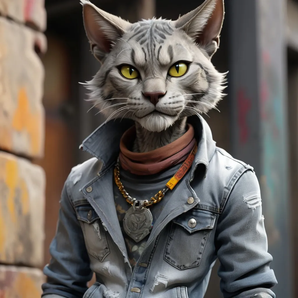 Prompt: Tabaxi wearing acid-washed Jeans, colors are shades of grey, looking like a bad boy, best quality, masterpiece