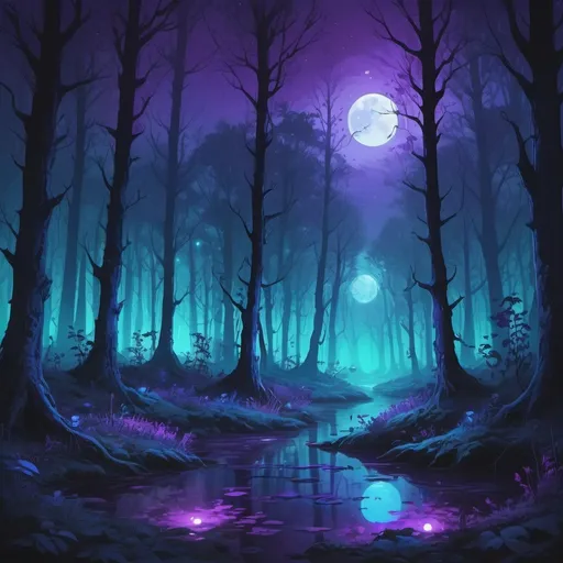 Prompt: eerie floating glowing motes in a forest of vivid blues and purples in moonlit shadows art style
