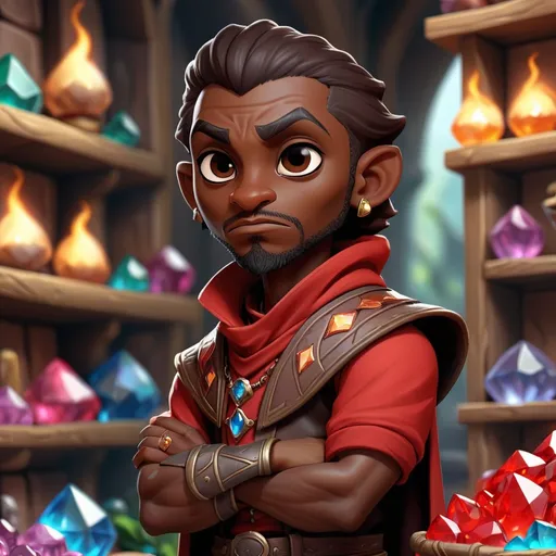 Prompt: Abazadar is a male redguard enchanter with dark skin and sells gems and enchants in a shop, in chibi art style
