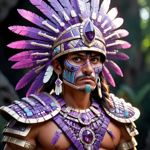 Prompt: Aztec Warrior who's armor is made out of vivid purple crystals and bones, crystal marrow, masterpiece, best quality