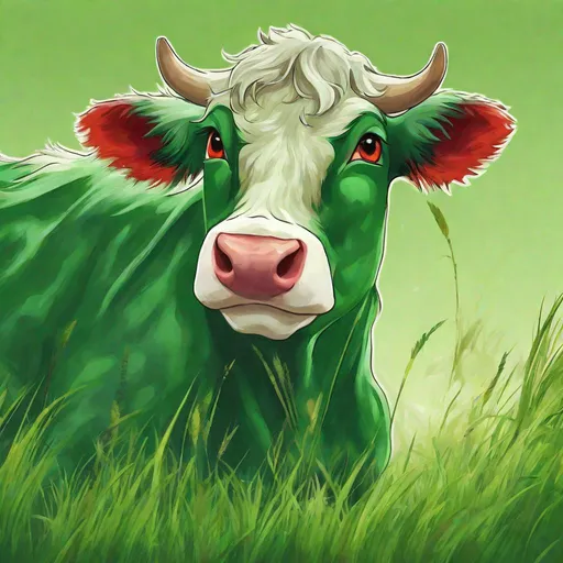 Prompt: Cow, grass-green fur, grass green curly hair, solid red eyes, happy in the mountains, masterpiece, best quality