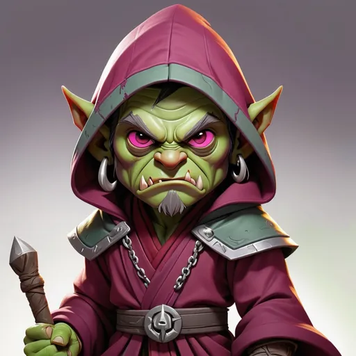 Prompt: Abbot Durak is a orc with light green skin and wearing a maroon dark fushia and gray robe with a hood and is theleader of the Spirit Wardens at Pariah Abbey, in chibi art style