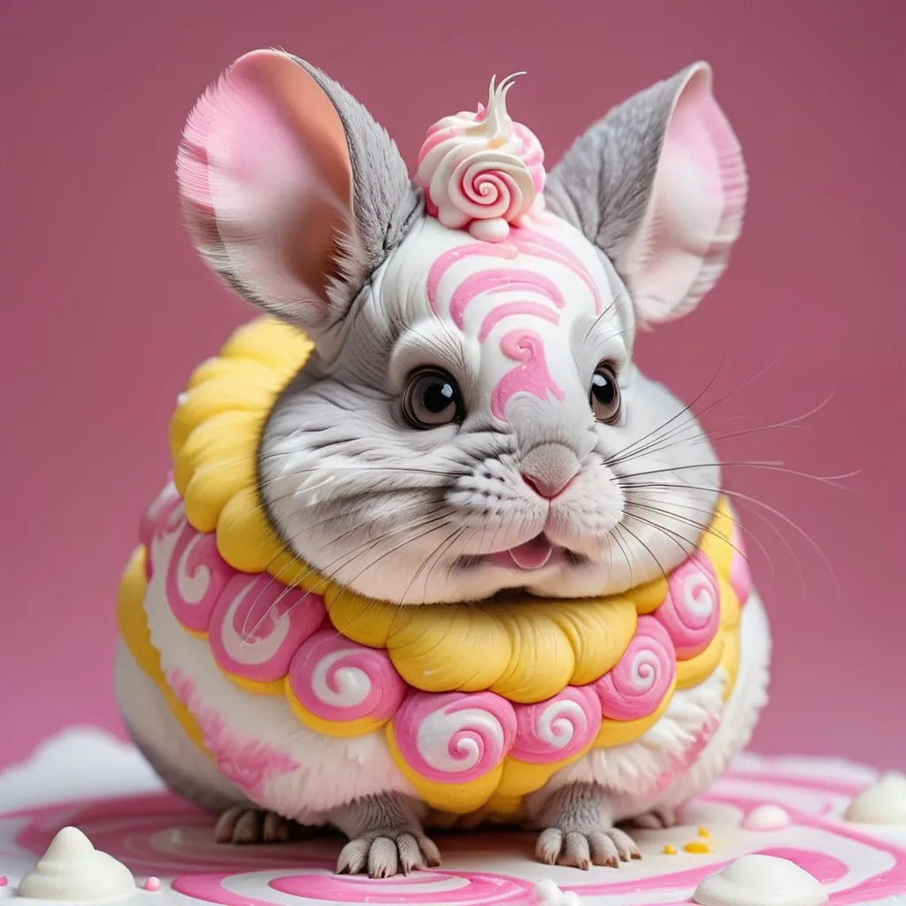 Prompt: Chinchilla with yellow and pink fur and covered in white frosting with pink swirls, Masterpiece, Best Quality