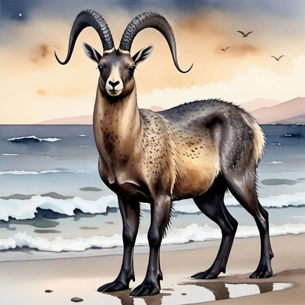 Prompt: Chamois-Seal fusion-hybrid with a mix of brown and dark gray fur with darker spots sea tail and flippers that end in hoofs a seals dark liquid eyes and dark brown curved horns, on a beach at dusk, in watercolor painting art style