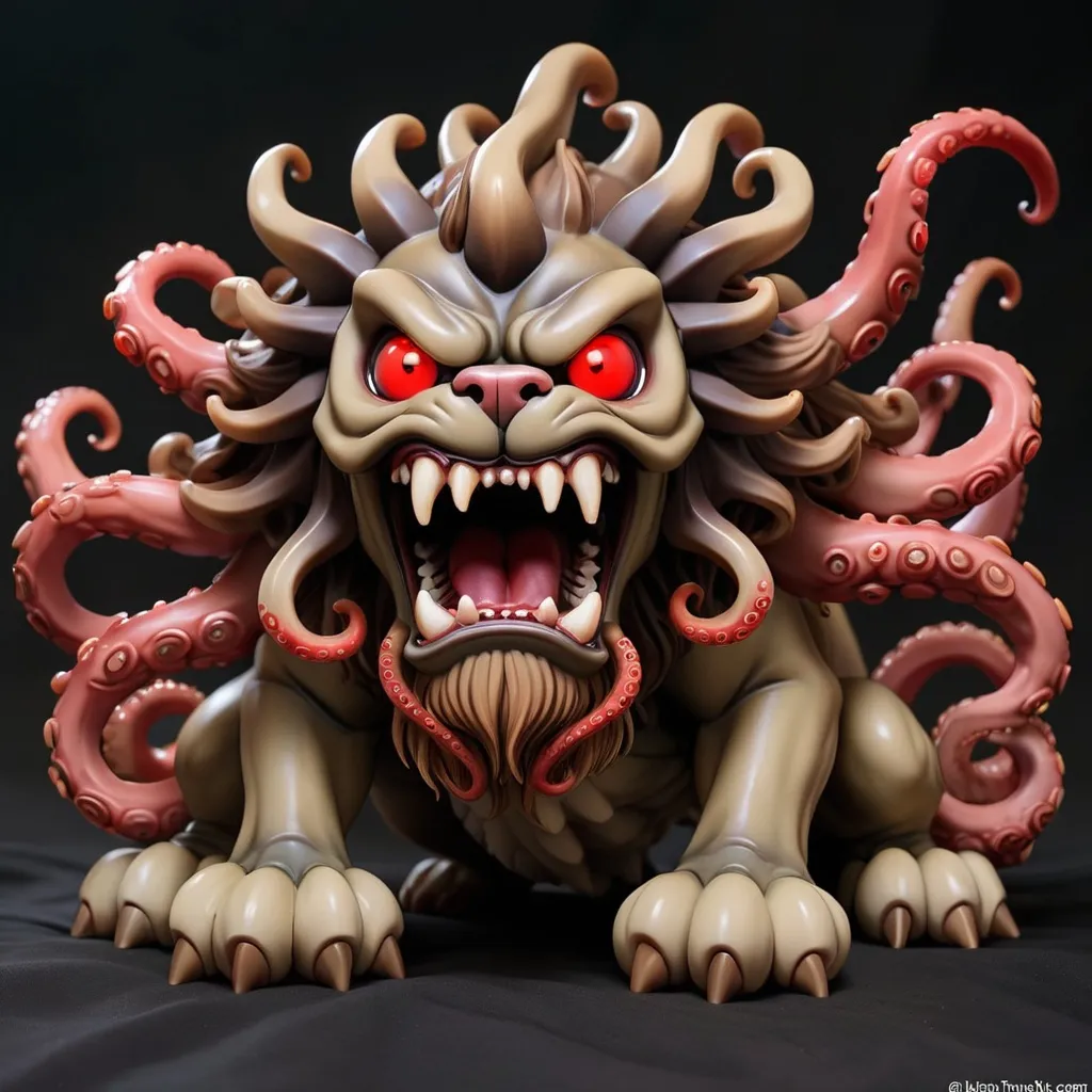 Prompt: Abysmal Fu Dog in various shades of brown with a mane made up of writhing tentacles and glowing red eyes, nightmare, best quality, masterpiece