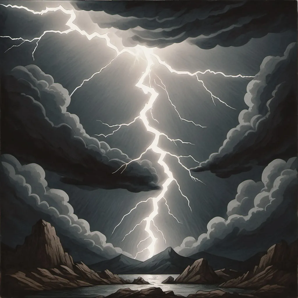 Prompt: Lightning of Triumphant Return Reseph in aquatint art style