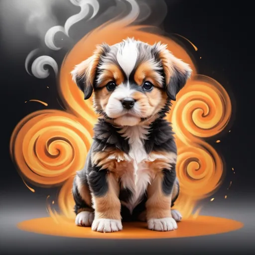 Prompt: cute fluffy orange with black stripes puppy fu dog sitting in the mist of a flare fire swirling all around, in card art style

