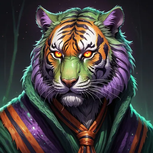 Prompt: A Tiger with swamp green fur and red stripes cloaked in a void colored with purple glimmering robe and glowing orange eyes, in Lovecraftian art stye
