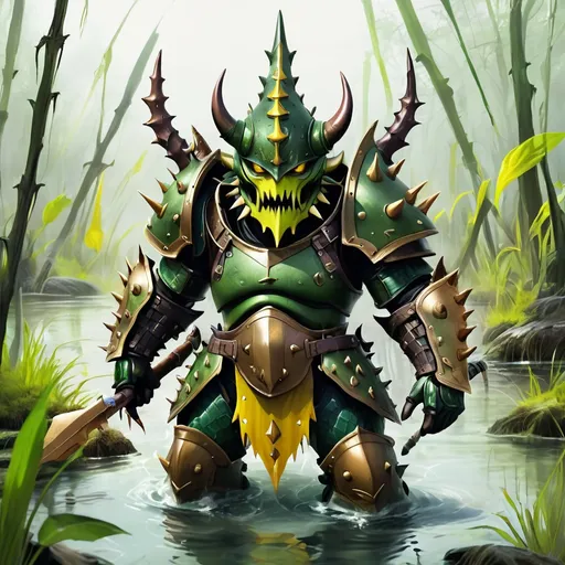 Prompt: Warrior in charjabug armor which is insect-like in swamp green with a swamp green helm with yellow jaw spikes, in monster hunter style, Masterpiece, Best Quality