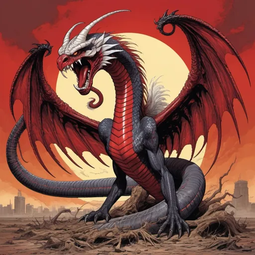 Prompt: demon cobra with vivid dark red scales and a tail made of a tornado with feathered angel-like wings and a wild mane with a horn and oversized fangs  in jean giraud art style
