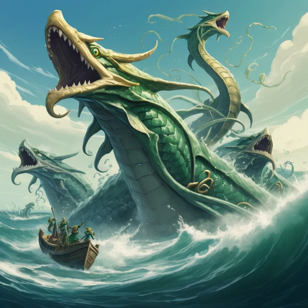 Prompt: Sea Elf invasion force! The sea elf's can control sea serpents, in zelda art style
