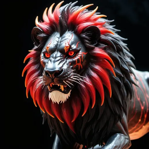 Prompt: Abyss Lion with fur of ebony right streaked through with crimson veins and spikes with a mane of glowing white-red and glowing gold eyes, demonic and fierce looking
