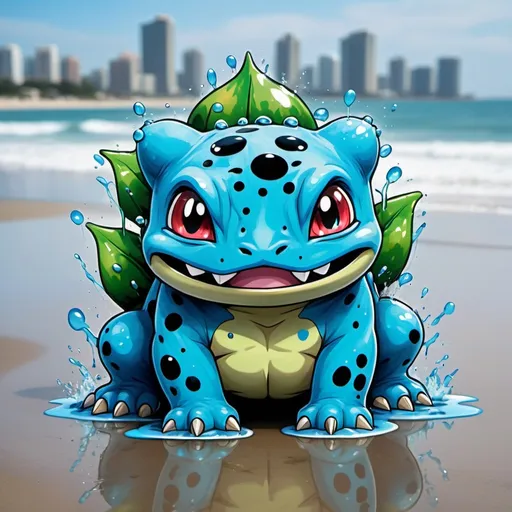 Prompt: Vivid blue Bulbasaur with water-like blue spots dripping with water background beach in graffiti art style
