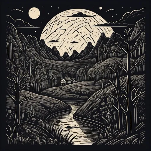 Prompt: your world is dark In linocut art style
