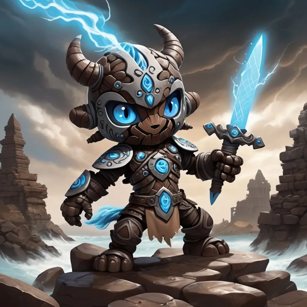 Prompt: A Atronach made of dark brown and gray floating rocks with tan swirl markings and ruins glowing blue eyes and swords wind and twisters swirling around them, in cute art style, background arid stormy planes
