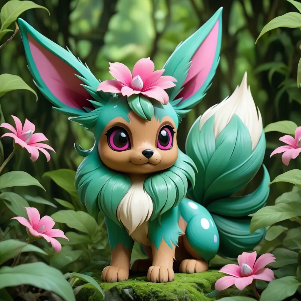 Prompt: Teal colored eevee with a large pink with white spotted flower growing out of their back with jagged leaves and green vines that wrap around everything, background jungle, masterpiece, best quality