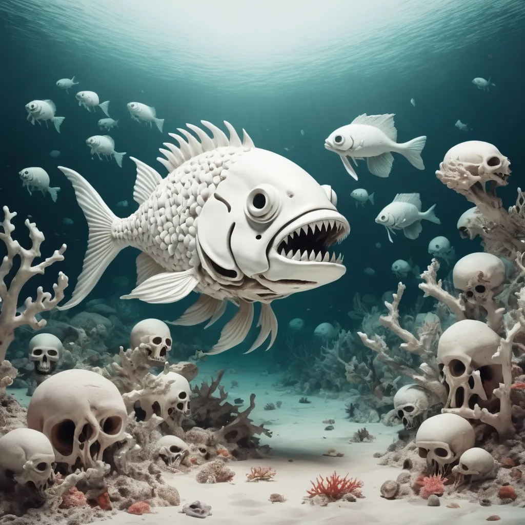 Prompt: A coral reef as white as bone dead and undead with zombie fish drifting within, in surrealism art style
