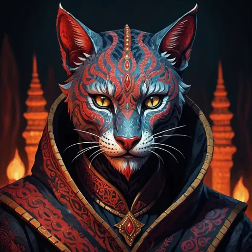 Prompt: The Assassin Khajiit followed him into the dark in which fears manifested into those with fangs and a thirst for blood in alebrije painting art style