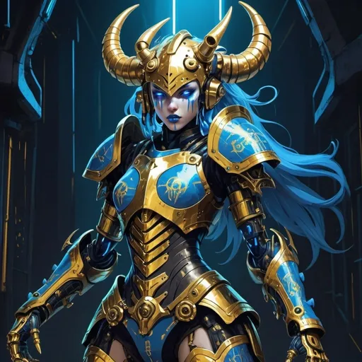 Prompt: A Automaton monster girl with  golden armor and helm with multiple horns slashing blue all around them in cyberpunk art style