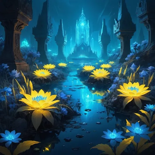 Prompt: Blue light fills the land, mesmerizing, with blue flowers that glow in the dark. Yellow fires burn and crypts lie submerged in murky cold waters in electronic dreamscape art style
