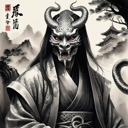 Prompt: It rises from the grave clad in scaled clothe and a silver mask with a likeness of a hissing serpent in Chinese Style Ink Painting Art style