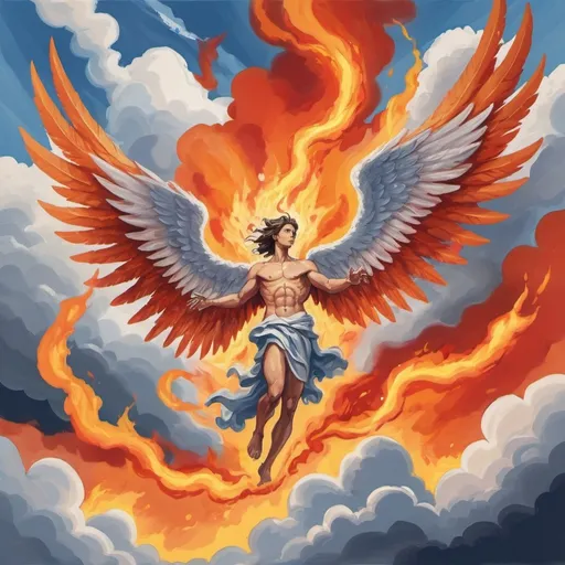 Prompt: Seraph with wings on fire, in gouache painting art style, background clouds