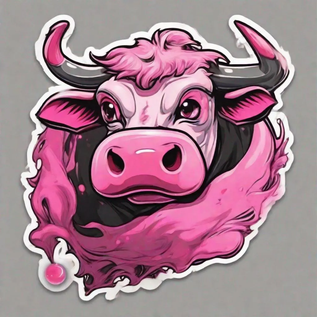 Prompt: Majin Cow, bubble-gum pink fur and head tail, crimson eyes surrounded by black, , masterpiece, best quality, in sticker art style
