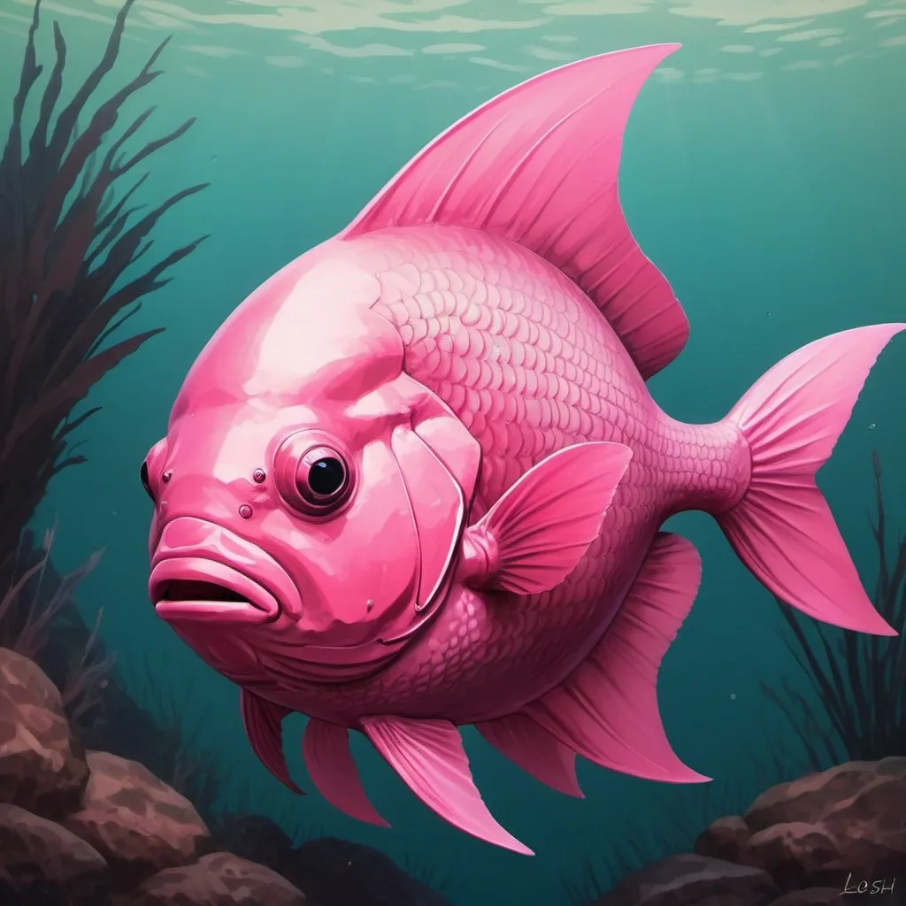 Prompt: pink sunfish with darker pink fins in Loish art style
