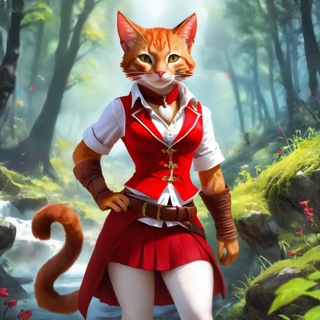 Prompt: Tabaxi Wearing Local Guild outfit with a red vest over a white sleeveless short shirt and red skirt with white trim and brown belt, background a magical strange forest