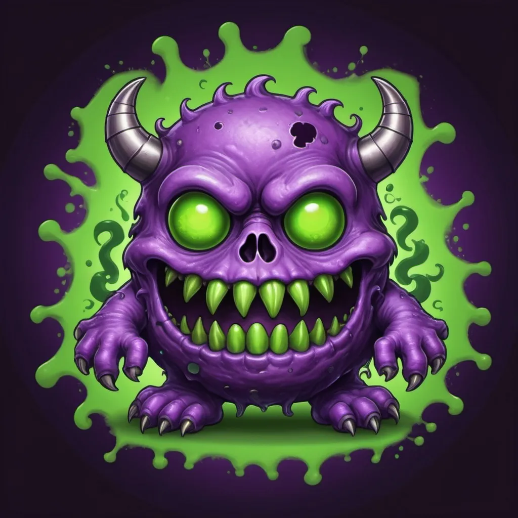 Prompt: A round purple monster with skullcrossbones tattoo surrounded by foul green gas, in card art style
