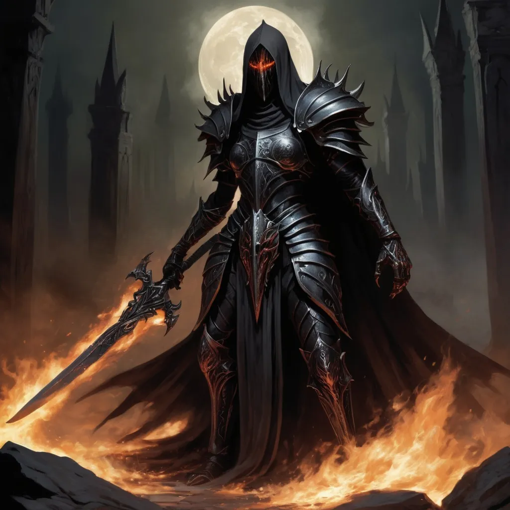 Prompt: Boethiah appeared before them terrible and resplendent arrayed in ebony darker than a moonless night wielding a blade burning hot, in Phyrexian Horror art style