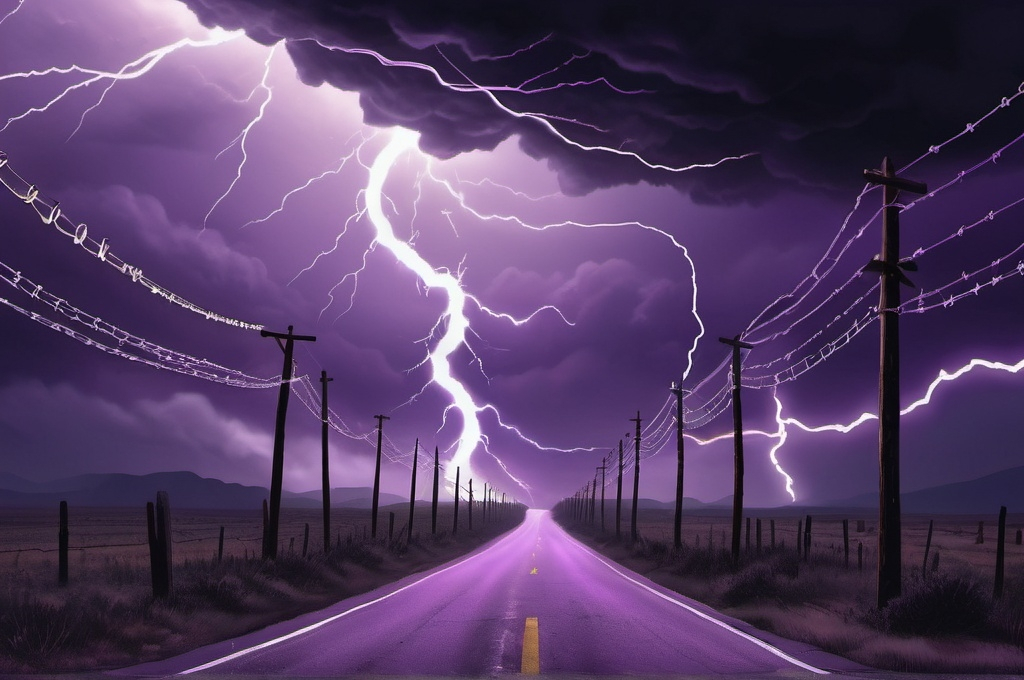 Prompt: A road trip of tornados, purple, lightning, and razor wire in dark dream art style 