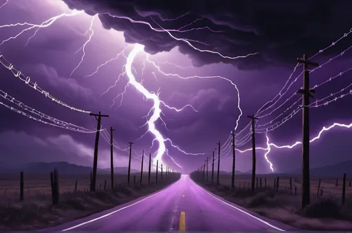 Prompt: A road trip of tornados, purple, lightning, and razor wire in dark dream art style 