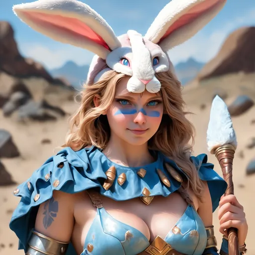 Prompt: Adi, Female, dressed in a bunny costume with bunny ears, Prehistoric armor including a cape face painted with dull blue and a club in hand, masterpiece, best quality
